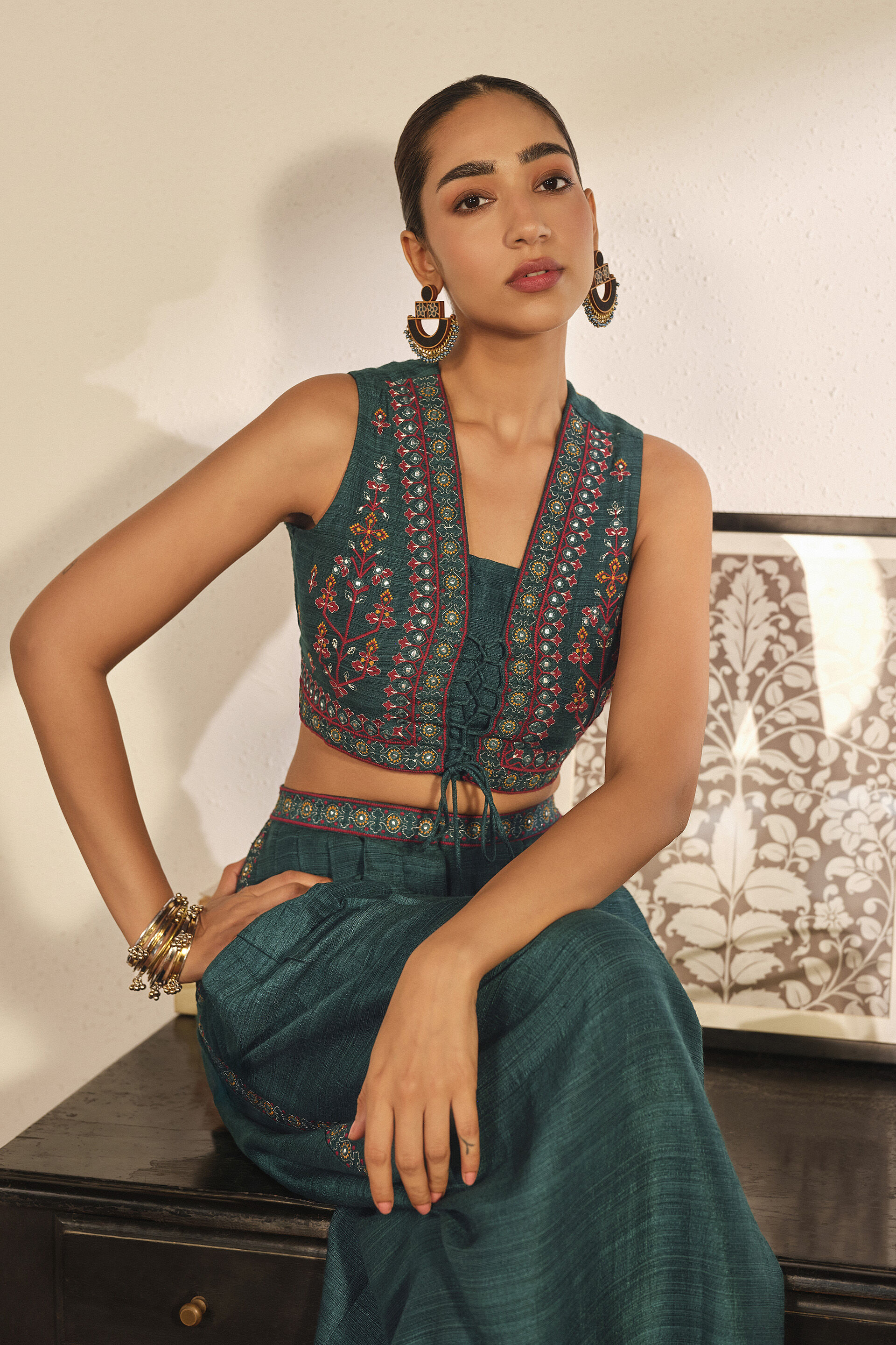 Embroidered Co-ord Set in Forest Green, Green, image 2